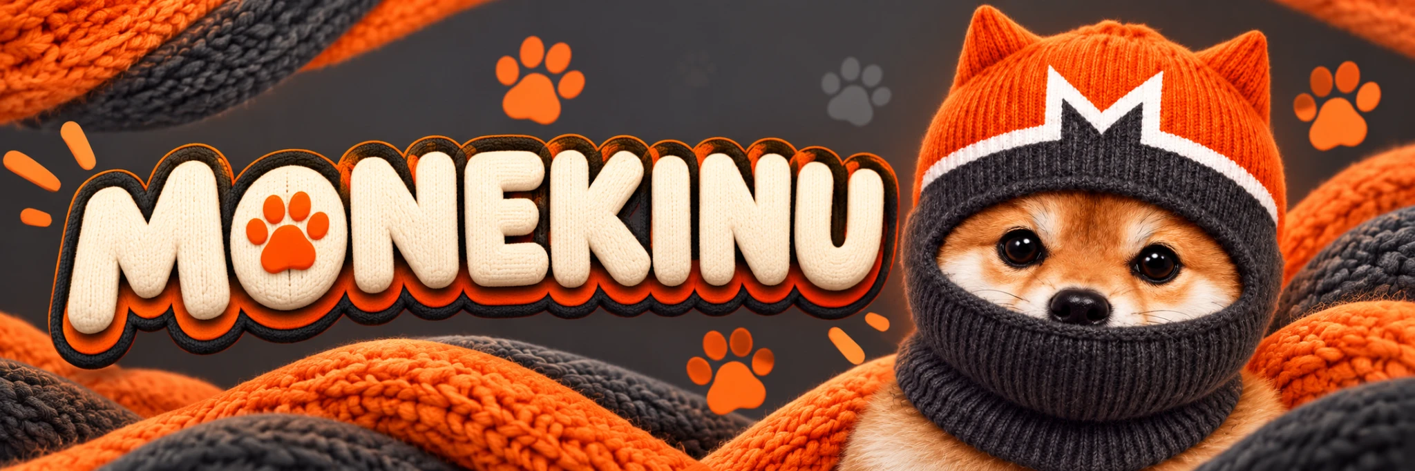 Knitted MONEKINU lettering and the orange-hatted Shiba Inu