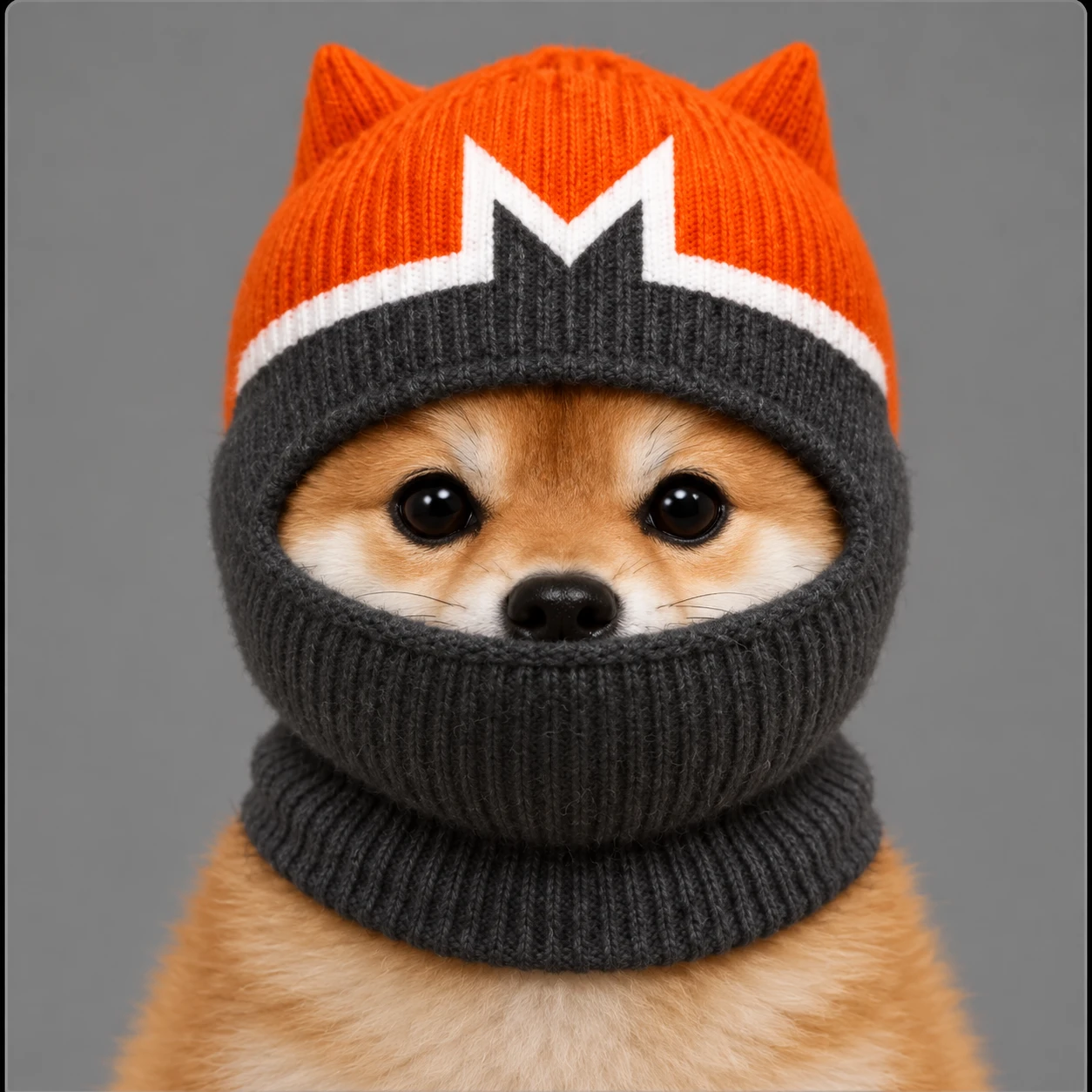 MONEKINU, a Shiba Inu in an orange and charcoal knitted hat and balaclava